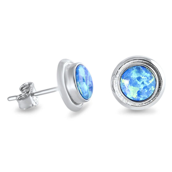 Round Bezel Earrings Light Blue Simulated Opal .925 Sterling Silver
