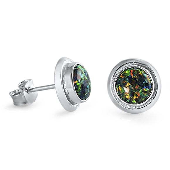 Round Bezel Earrings Mystic Simulated Opal .925 Sterling Silver