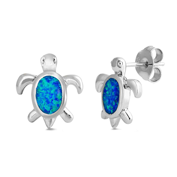Sterling Silver Cute Turtle Modern High Polish Earrings Blue Synthetic Opal 925