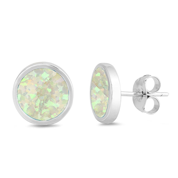 Sterling Silver High Polish Circle Round Classic White Synthetic Opal Earrings