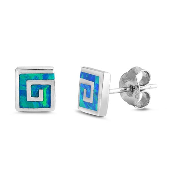 Sterling Silver Greek Key Unique Mosaic Modern Earrings Blue Synthetic Opal 925