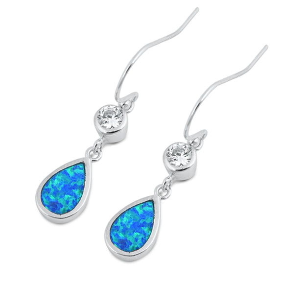 Sterling Silver Mosaic Teardrop Hanging Modern Earrings Blue Synthetic Opal 925