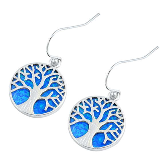 Sterling Silver Tree of Life Medallion Mosaic Earrings Blue Synthetic Opal 925