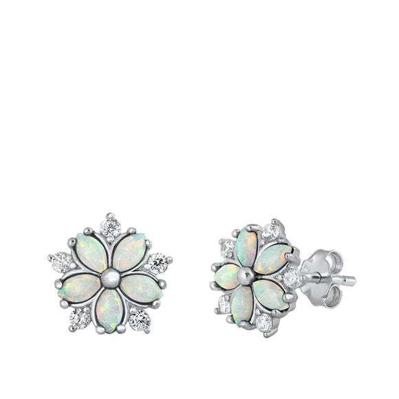 Sterling Silver Elegant Burst Flower White Synthetic Opal Clear CZ Earrings 925