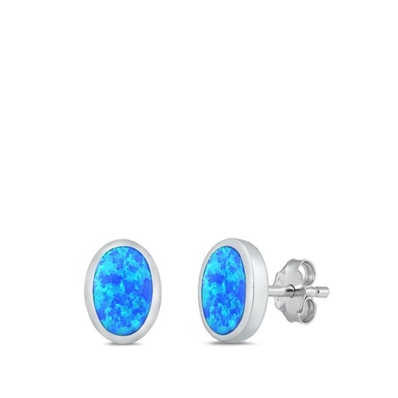 Sterling Silver Unique Blue Synthetic Opal Oval High Polished Stud Earrings 925