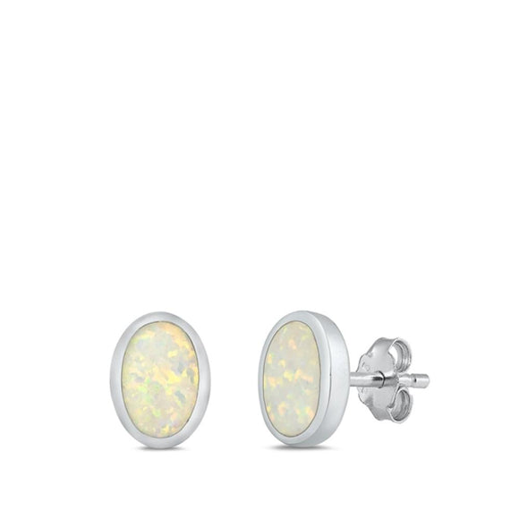 Sterling Silver High Polished White Synthetic Oval Opal Earrings .925 New