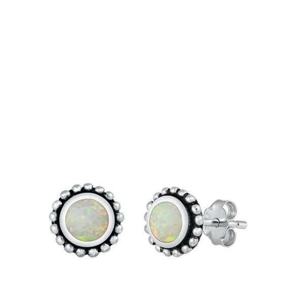 Sterling Silver Beautiful White Synthetic Opal Granulated Bali Circle Earrings