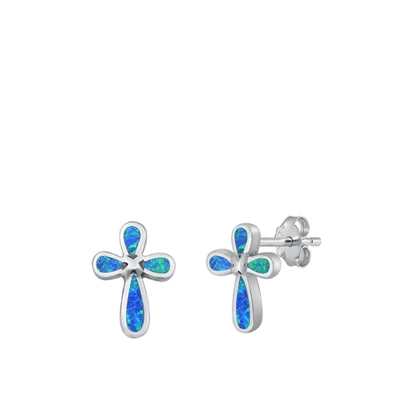 Sterling Silver Cross Blue Opal Stud High Polished Christian Earrings 925 New