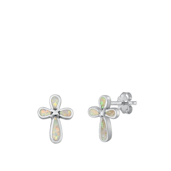 Sterling Silver Cross White Opal Stud High Polished Christian Earrings 925 New