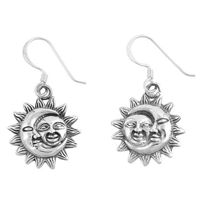 Smiling Happy Face Sun Moon Solar .925 Sterling Silver Space Celestial Earrings
