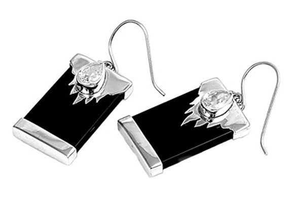 Teardrop Flames Earrings Black Simulated Onyx Clear Simulated CZ .925 Sterling Silver