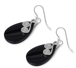 Teardrop Swirl Earrings Black Simulated Onyx .925 Sterling Silver