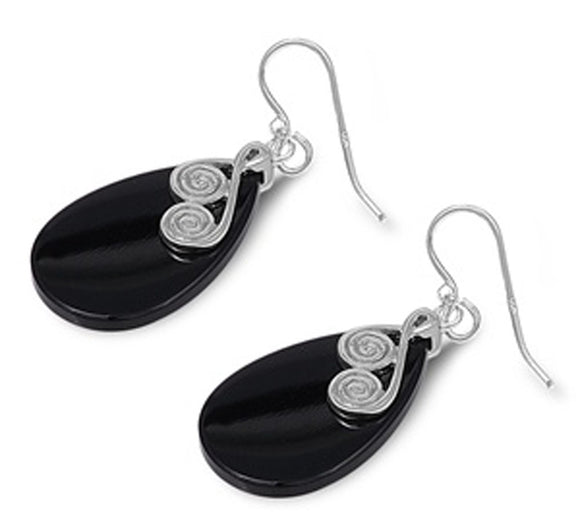 Teardrop Swirl Earrings Black Simulated Onyx .925 Sterling Silver
