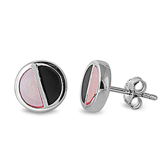 Round Earrings Black Simulated Onyx Simulated Mother of Pearl .925 Sterling Silver