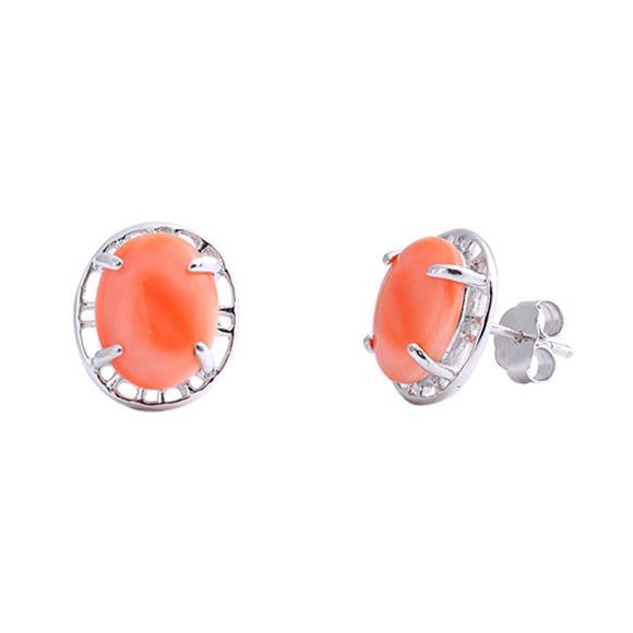 Simple Oval Classic Simulated Coral .925 Sterling Silver Fashion Chic Earrings