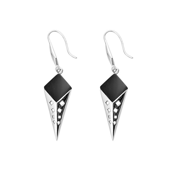 Square Funky Modern Spike Open Black Simulated Onyx .925 Sterling Silver Earrings