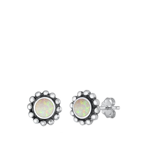 Sterling Silver Cute White Opal Oxidized Bali Stud High Polished Earrings 925