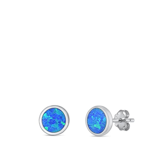 Sterling Silver Classic Blue Synthetic Opal Circle Stud Earrings .925 New