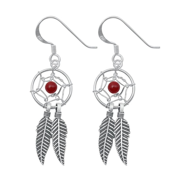 Sterling Silver Dreamcatcher Native American Hanging Feathers Hook Earrings .925