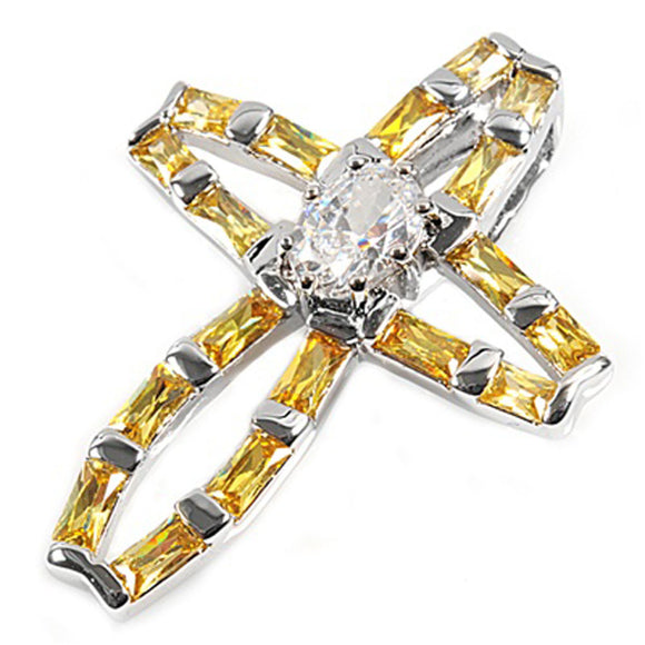 Ornate Studded Cross Pendant Yellow Simulated CZ .925 Sterling Silver Charm