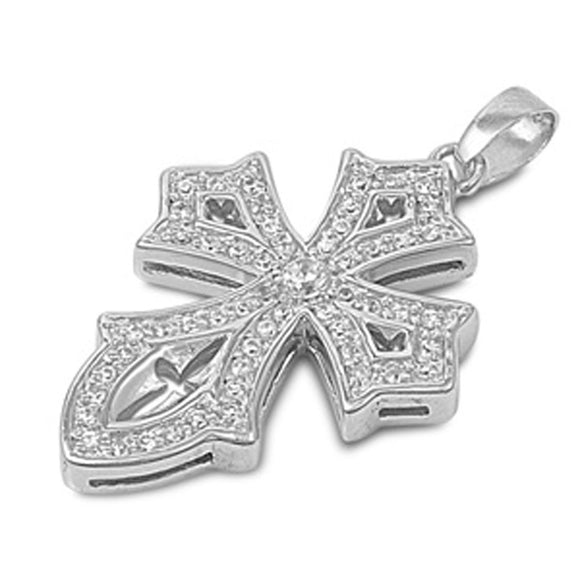 Vintage Medieval Cross Pendant Clear Simulated CZ .925 Sterling Silver Charm