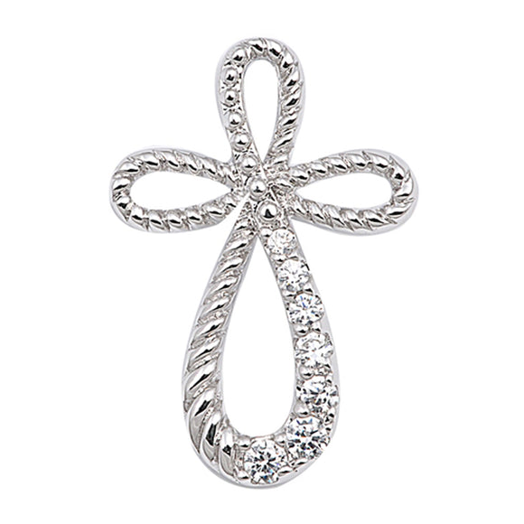 Sterling Silver Rounded Cross Endless Rope Knot Pendant Clear Simulated CZ Charm