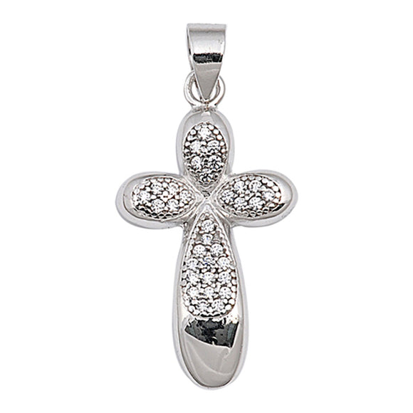 High Polish Rounded Cross Pendant Clear Simulated CZ .925 Sterling Silver Charm