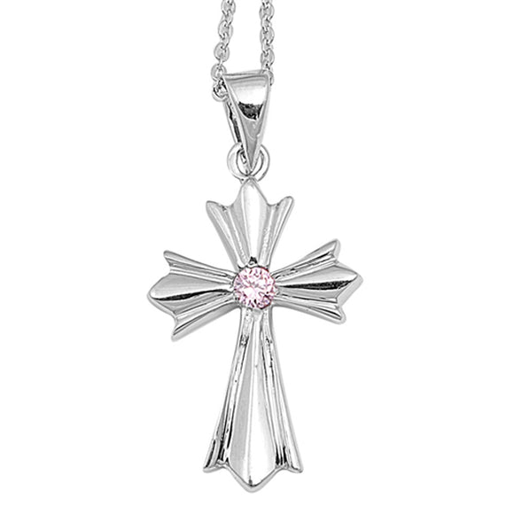 Medieval Style Cross Pendant Pink Simulated CZ .925 Sterling Silver Shiny Charm