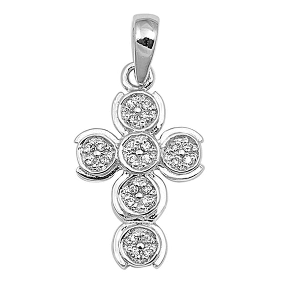 Sterling Silver Repeating Circle Studded Cross Clear Simulated CZ Pendant Charm