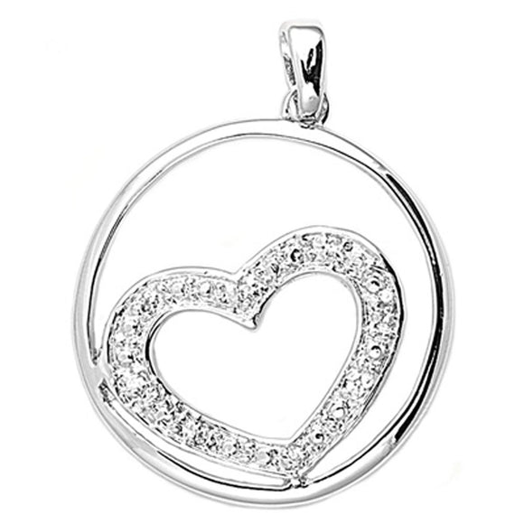 Sterling Silver Circle Studded Promise Heart Pendant Clear Simulated CZ Charm
