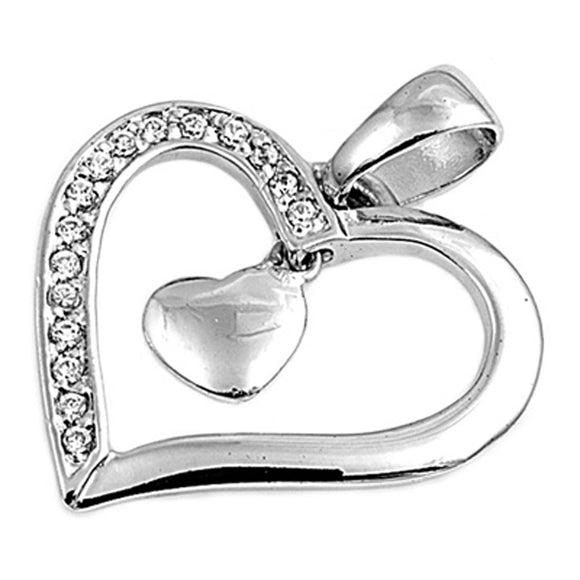 Sterling Silver Double Dangle Promise Heart Clear Simulated CZ Pendant Charm