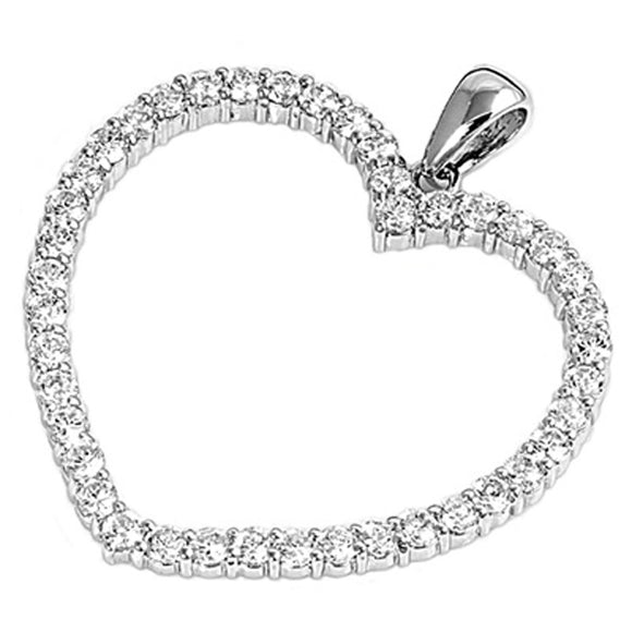 Sterling Silver Studded Wide Open Promise Heart Pendant Clear Simulated CZ Charm