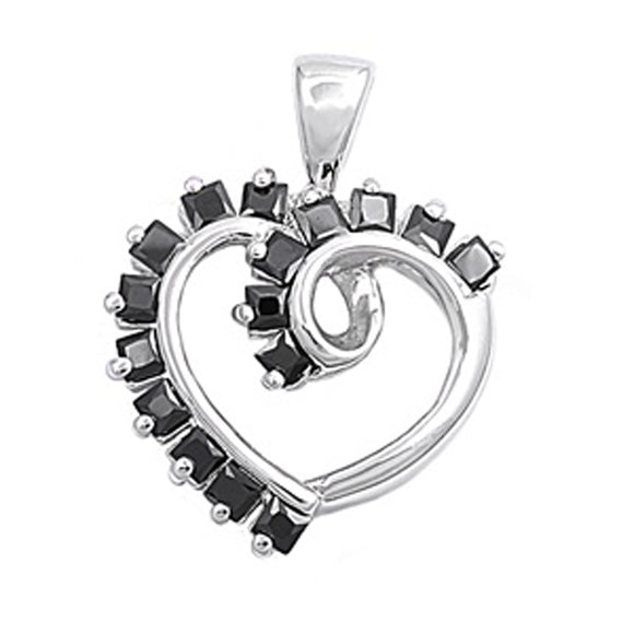 Pendant Filigree Swirl Heart Black Simulated CZ .925 Sterling Silver Loop Charm
