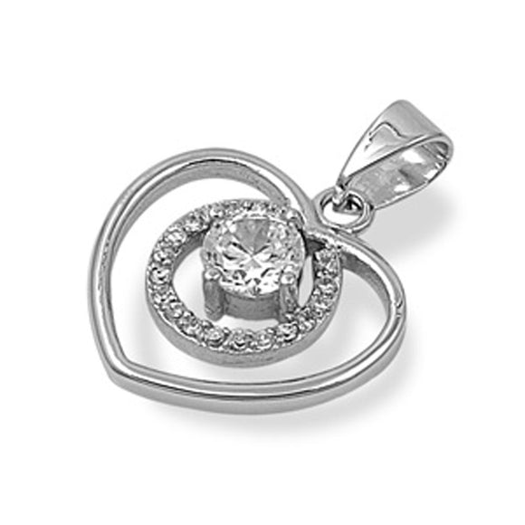 Sterling Silver Studded Fancy Promise Heart Pendant Clear Simulated CZ Charm