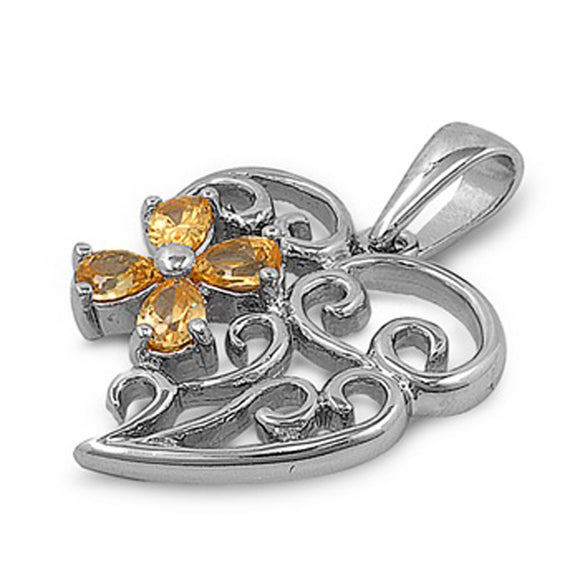 Sterling Silver Promise Filigree Swirl Heart Pendant Yellow Simulated CZ Charm
