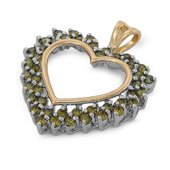 Gold-Tone Studded Heart Pendant Simulated Peridot .925 Sterling Silver Charm