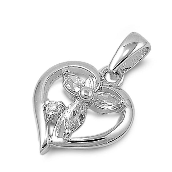 Pendant Marquise Flower Heart Clear Simulated CZ .925 Sterling Silver Love Charm