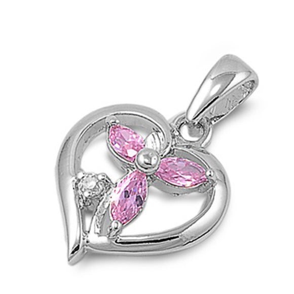 Sterling Silver Heart Flower Pendant Pink Simulated CZ Clear Simulated CZ Charm