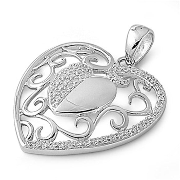 Filigree Swirl Heart Pendant Clear Simulated CZ .925 Sterling Silver Open Charm