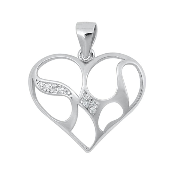 Sterling Silver Unique Clear CZ Heart Pendant Modern Wispy Whimsical Charm 925