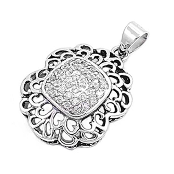 Ornate Micro Pave Square Pendant Clear Simulated CZ .925 Sterling Silver Charm