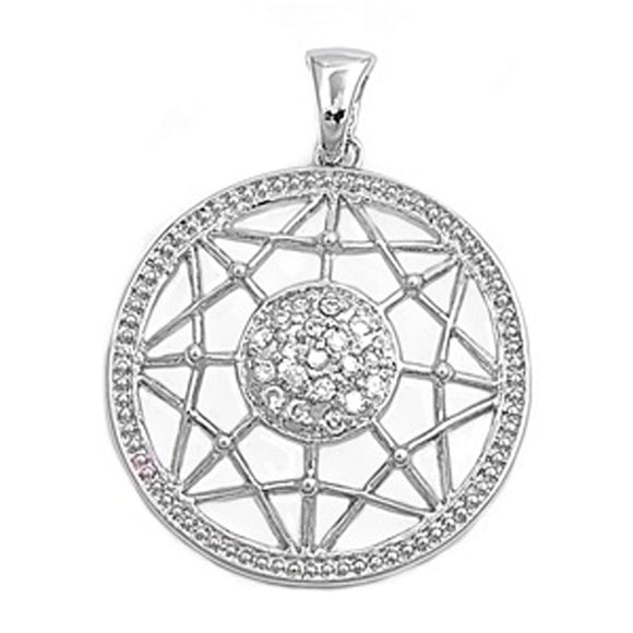 Linear Web Medallion Pendant Clear Simulated CZ .925 Sterling Silver Charm