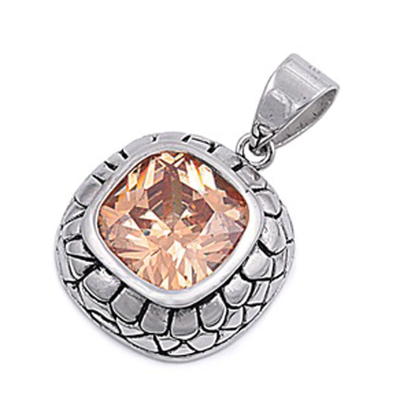 Sterling Silver Flower Design Solitaire Pendant Champagne Simulated CZ Charm