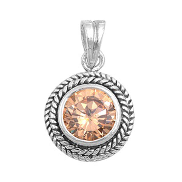 Sterling Silver Solitaire Braided Rope Circle Pendant Champagne Simulated CZ