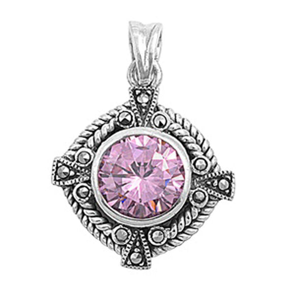 Sterling Silver Victorian Circle Medallion Braid Pink Simulated CZ Pendant Charm