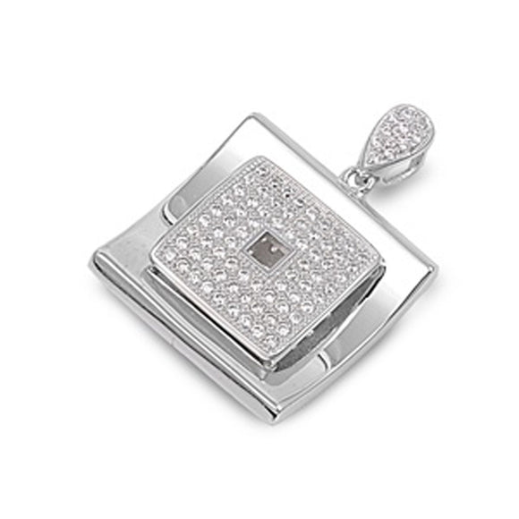Concave Micro Pave Square Pendant Clear Simulated CZ .925 Sterling Silver Charm