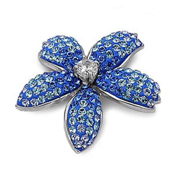 Blue Flower Pendant Multicolor Simulated CZ .925 Sterling Silver Studded Charm