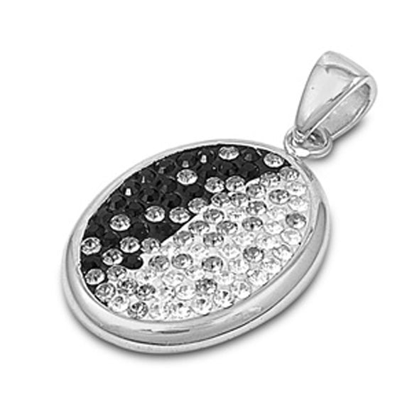 Studded Dual Tone Oval Pendant Clear Simulated CZ .925 Sterling Silver Charm