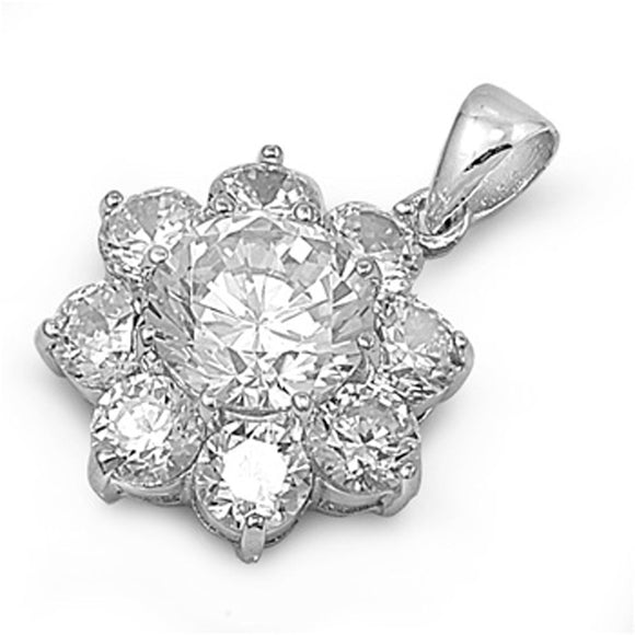 Bold Studded Flower Pendant Clear Simulated CZ .925 Sterling Silver Halo Charm