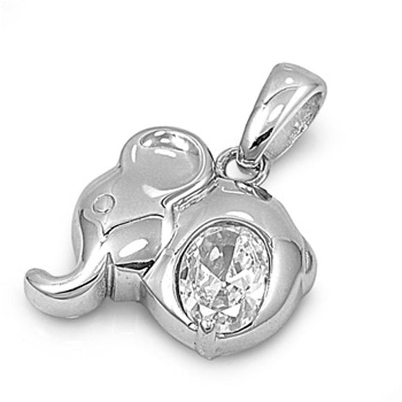 Sterling Silver Solitaire Shiny Cute Elephant Pendant Clear Simulated CZ Charm